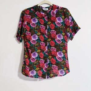 Petite Notations - Vintage Floral Print Collared Sleeve Top